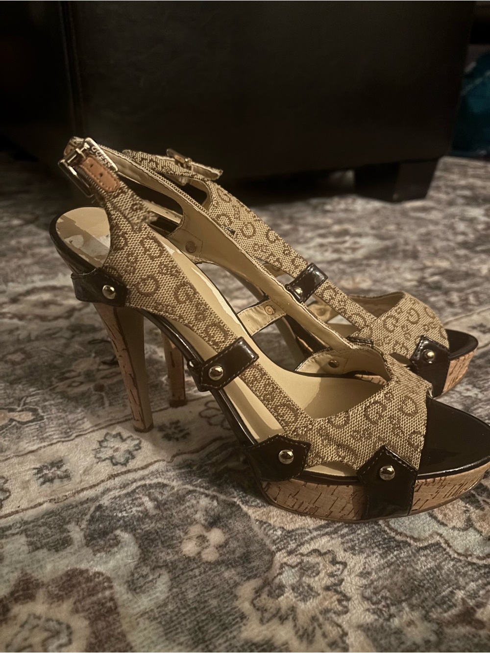 GUESS Y2K Beige Patterned Slingback Platform Heels
